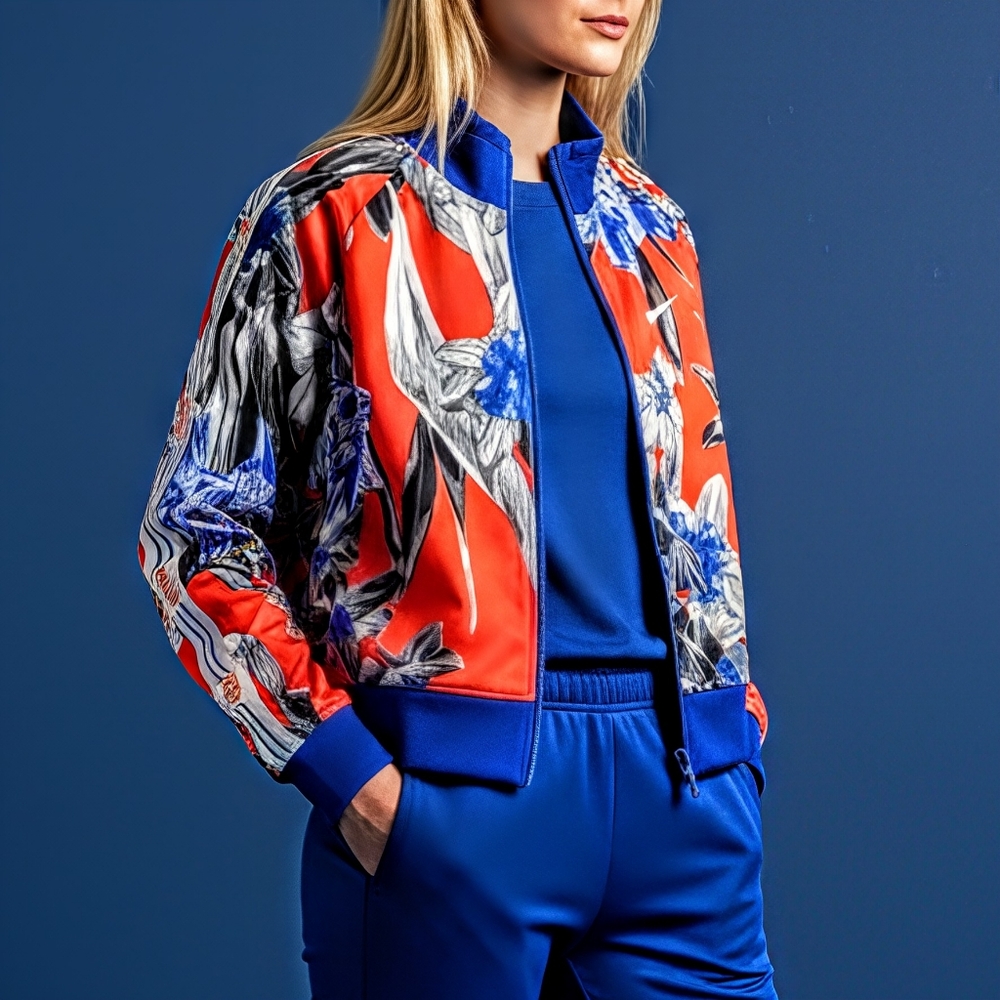 Nike Women's XS Track Jacket Hyper Fem Short Orange Blue Floral Zip Up Collared